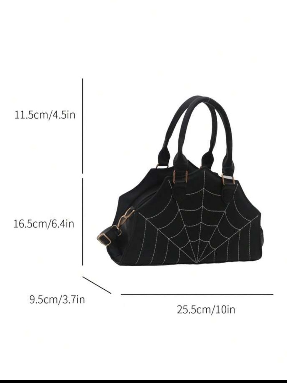 New Black Spiderweb Stitched Satchel Handbag - Picture 3 of 4
